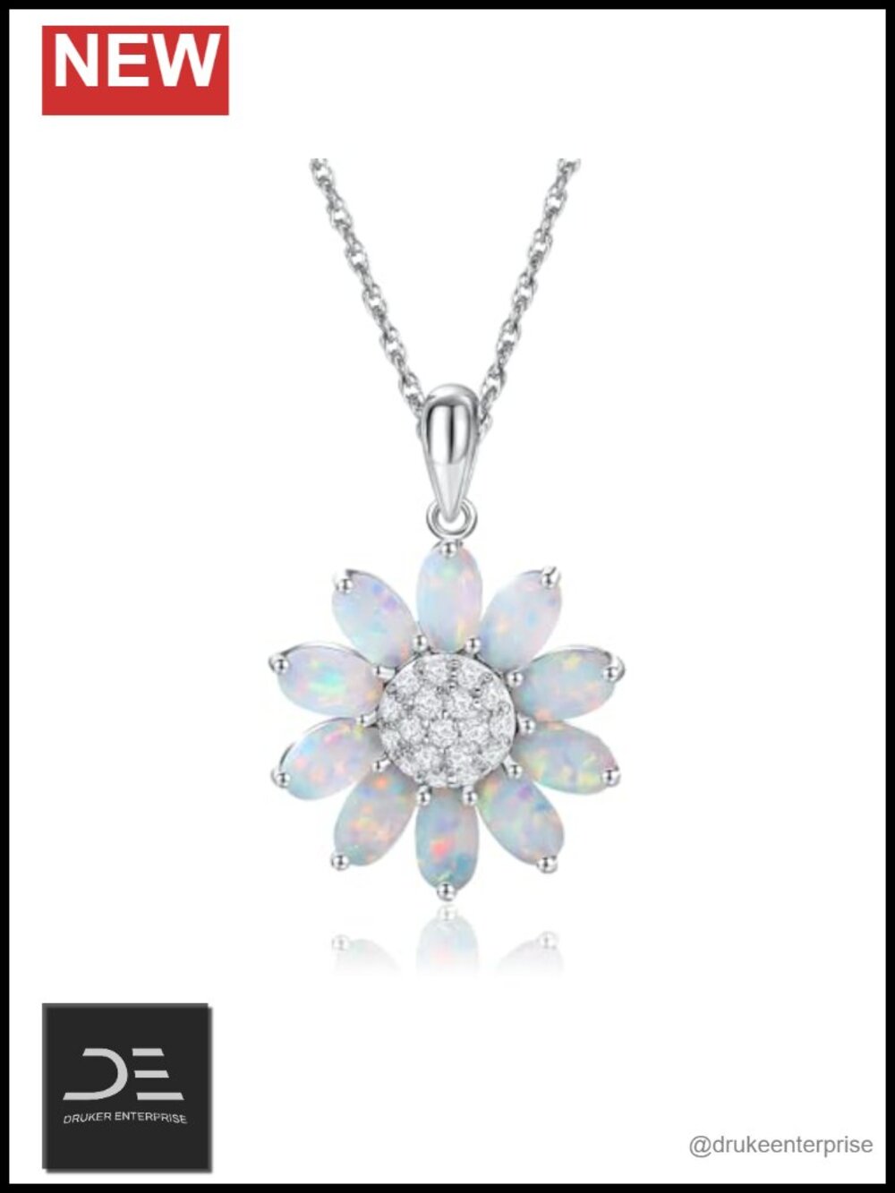 Sterling Silver Sunflower Pendant Necklace Opal CZ 18 Inch Rope Chain